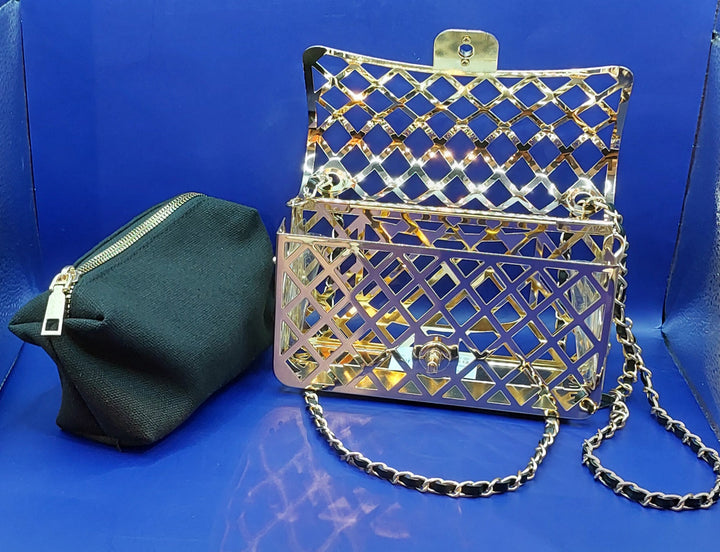 Black and Gold Cage Handbag with a Gold Braided Chain Strap