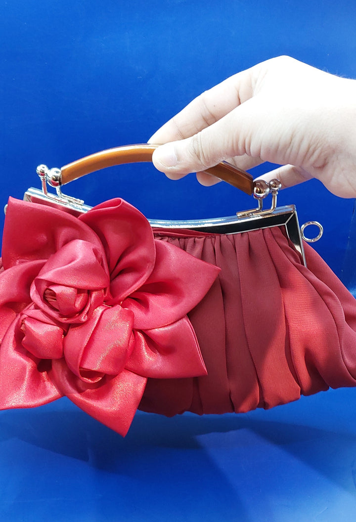 Romantic Red Satin Clutch Purse with a Rose