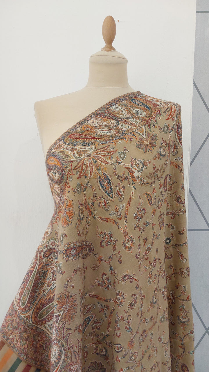 Bhoomi Beige & Turuoise Cashmere Shawl