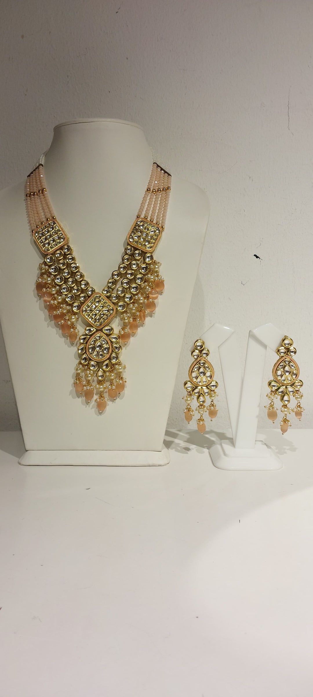 Xenia Kundan and Peach Beaded Necklace and Earrings Set