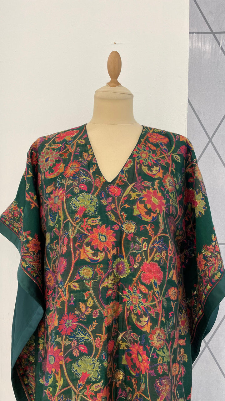 Kimaya Emerlad Green and Red Silk Floral Kaftan