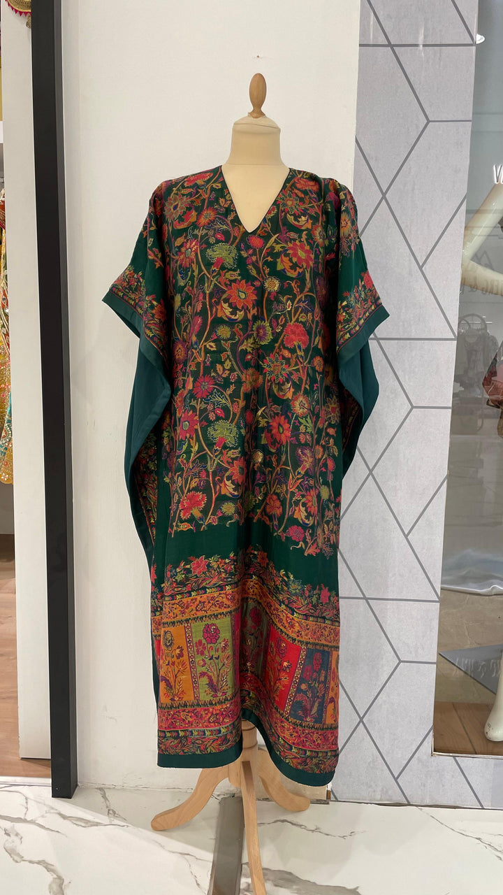 Kimaya Emerlad Green and Red Silk Floral Kaftan