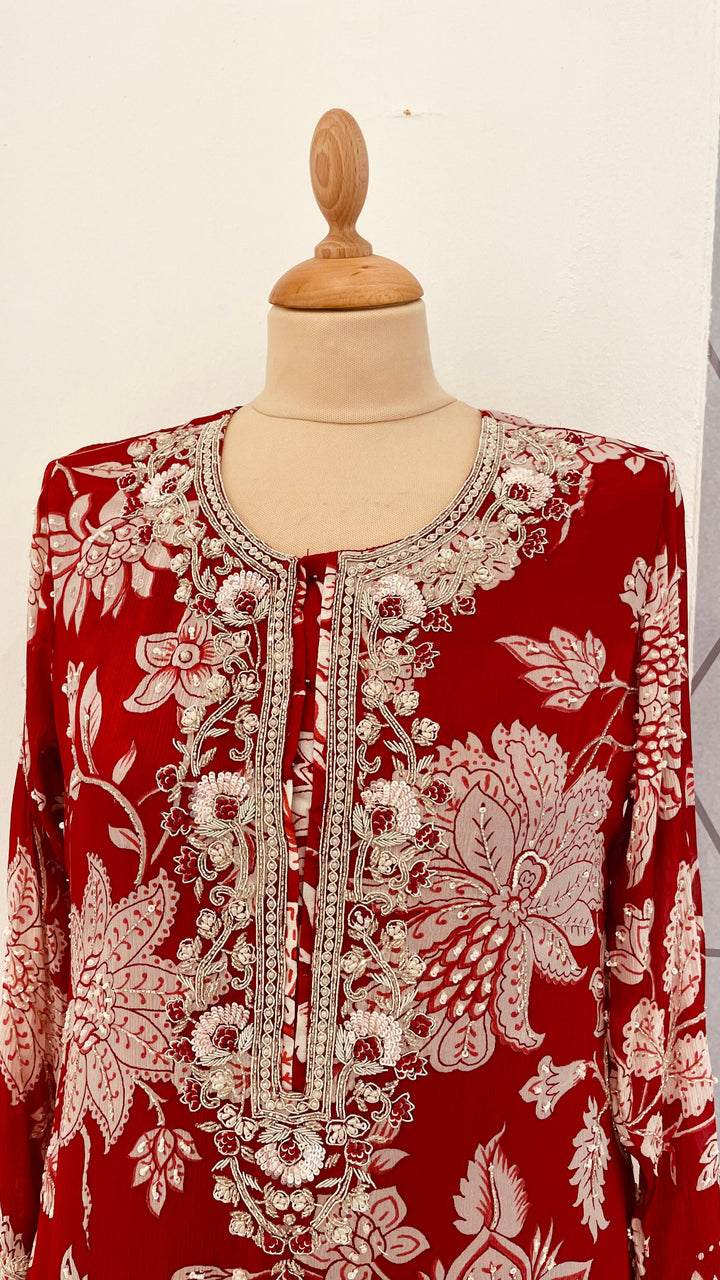 Navya Red and White Beaded Floral Sharara Set (Ready to Wear)