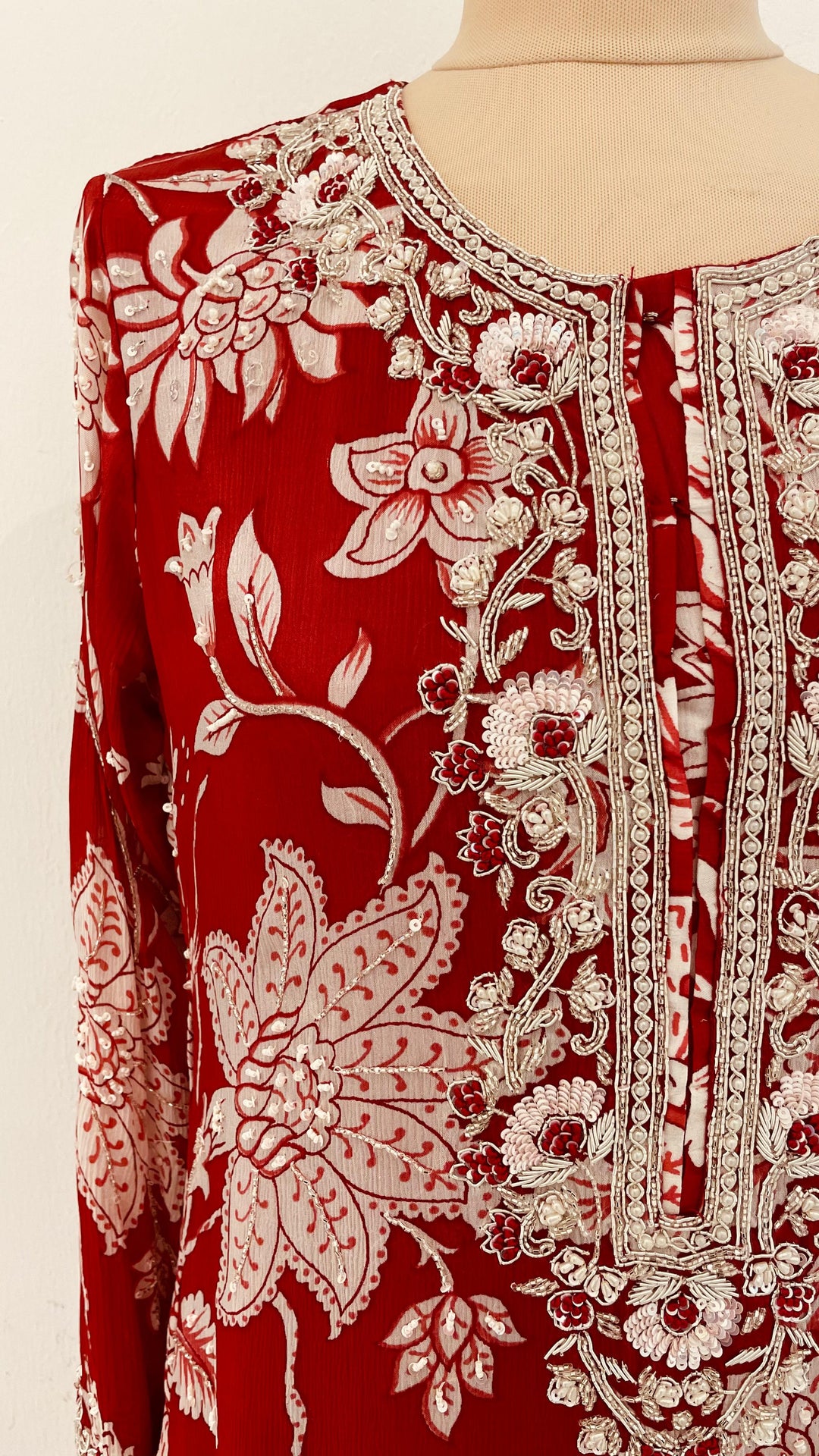 Navya Red and White Beaded Floral Sharara Set (Ready to Wear)