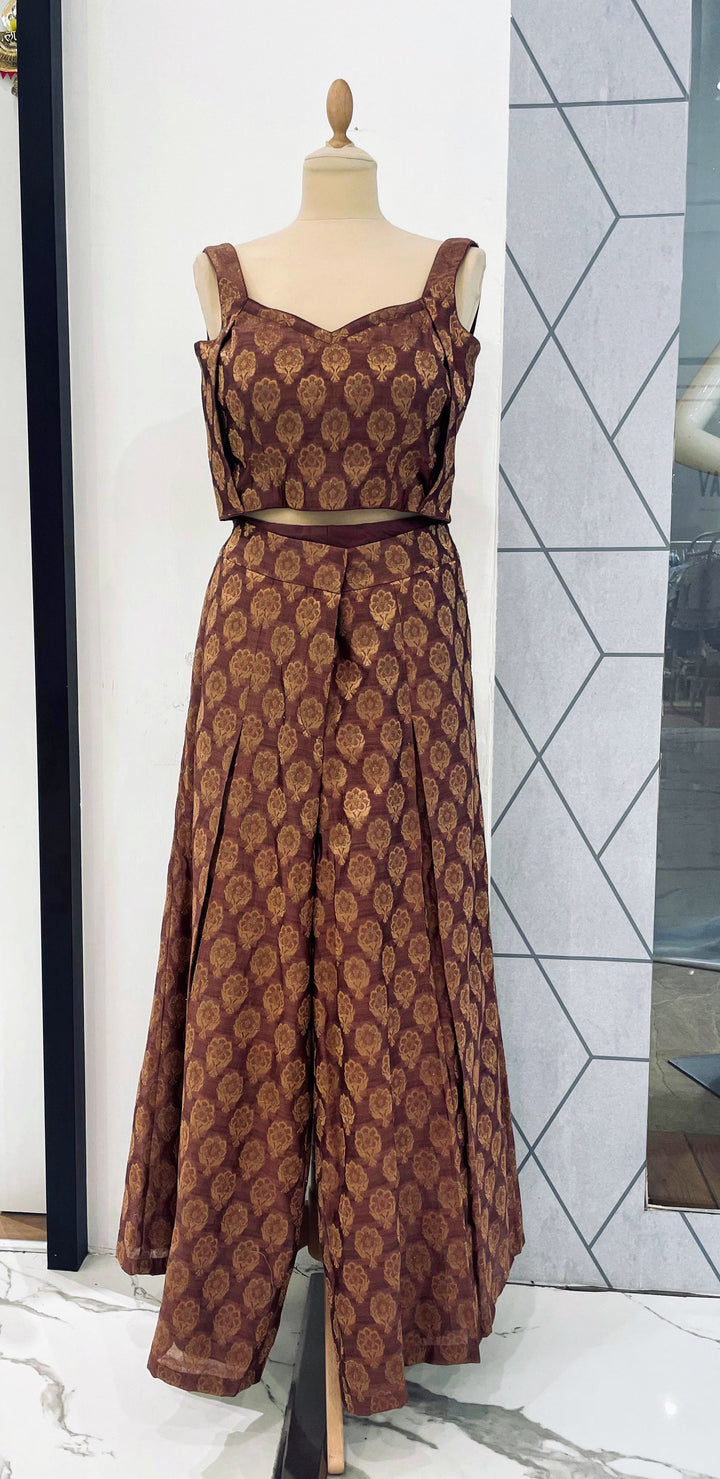 Simina Brown and Gold Crop Top and Flared Pant Brocade Co-Ord Set (Ready-to-Wear)