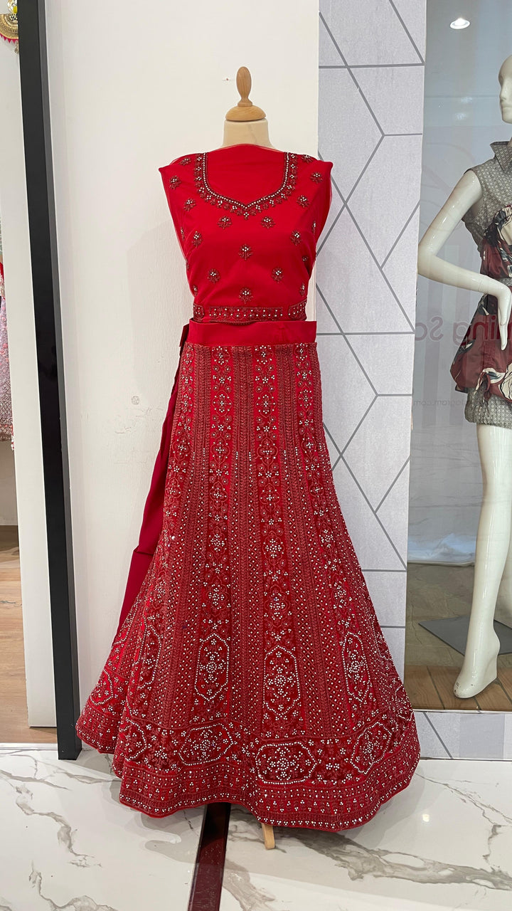 Shagun Cherry Red with Rhinestone Lehenga (Unstitched)