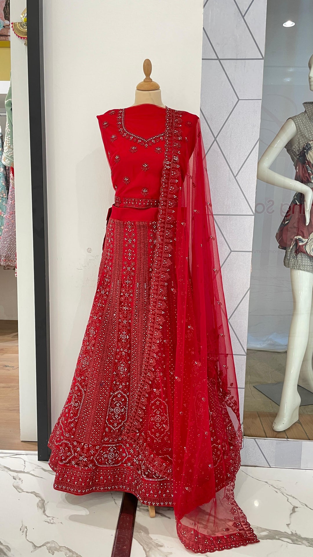 Shagun Cherry Red with Rhinestone Lehenga (Unstitched)