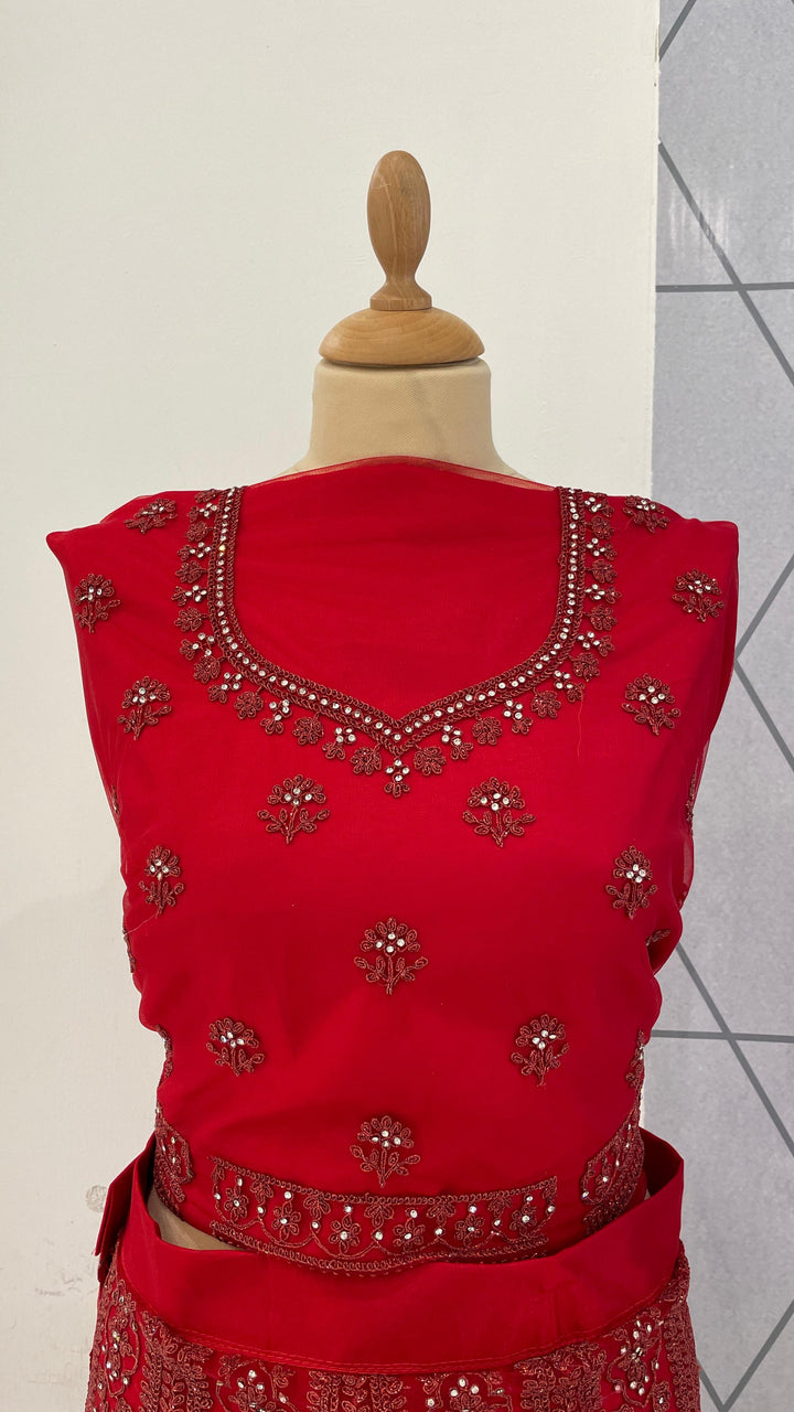 Shagun Cherry Red with Rhinestone Lehenga (Unstitched)