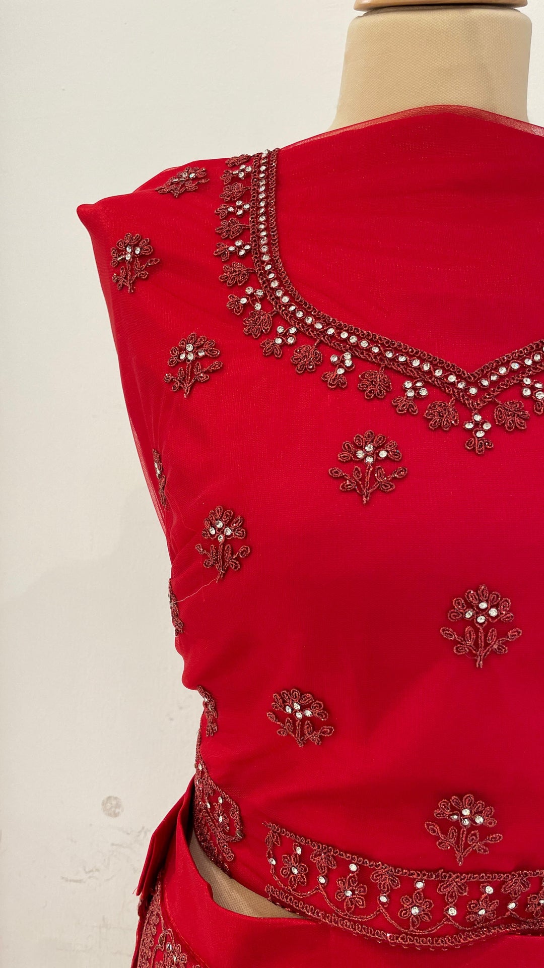 Shagun Cherry Red with Rhinestone Lehenga (Unstitched)