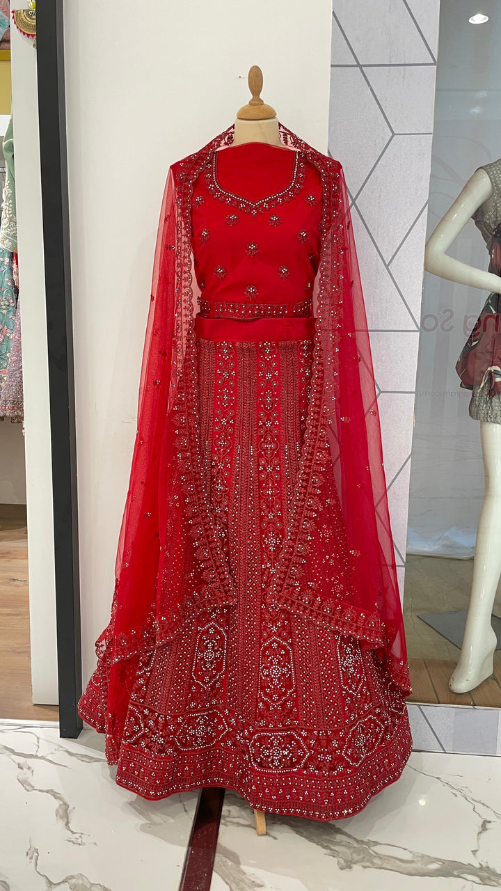 Shagun Cherry Red with Rhinestone Lehenga (Unstitched)