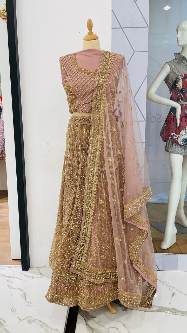 Shagun Pink with Gold Lehenga (Unstitched)