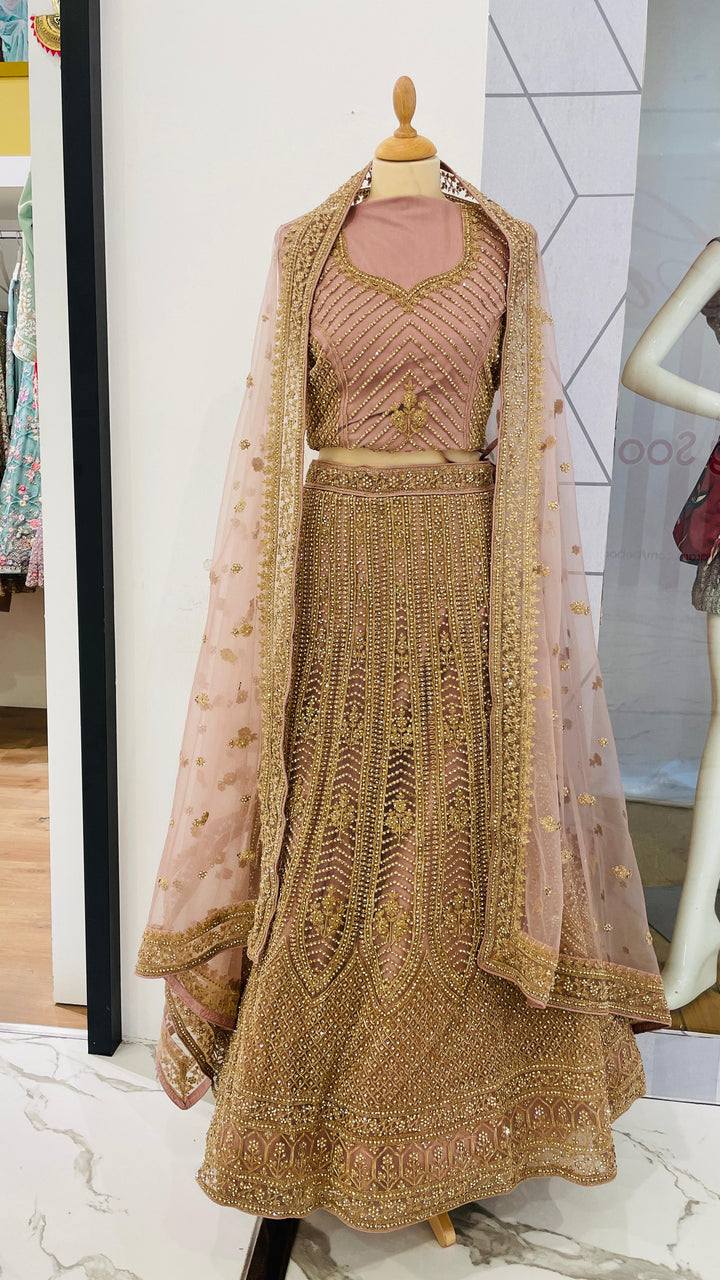 Shagun Pink with Gold Lehenga (Unstitched)