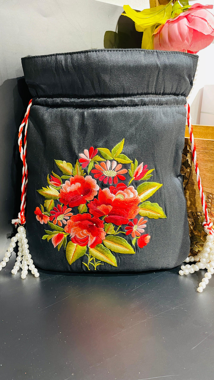 Black Festive Rose Potli Drawstring Bag