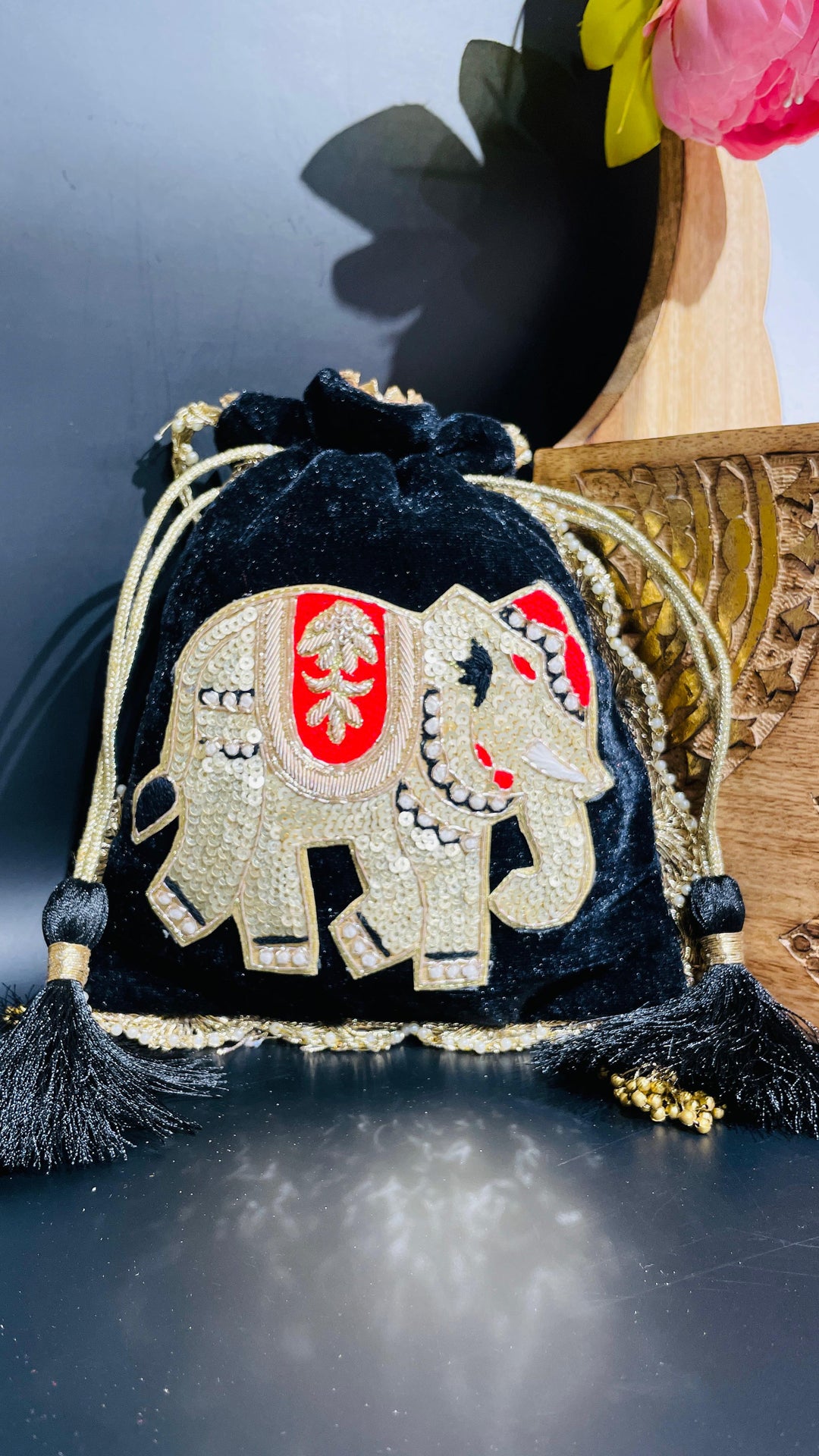 Black Festive Elephant Potli Drawstring Bag