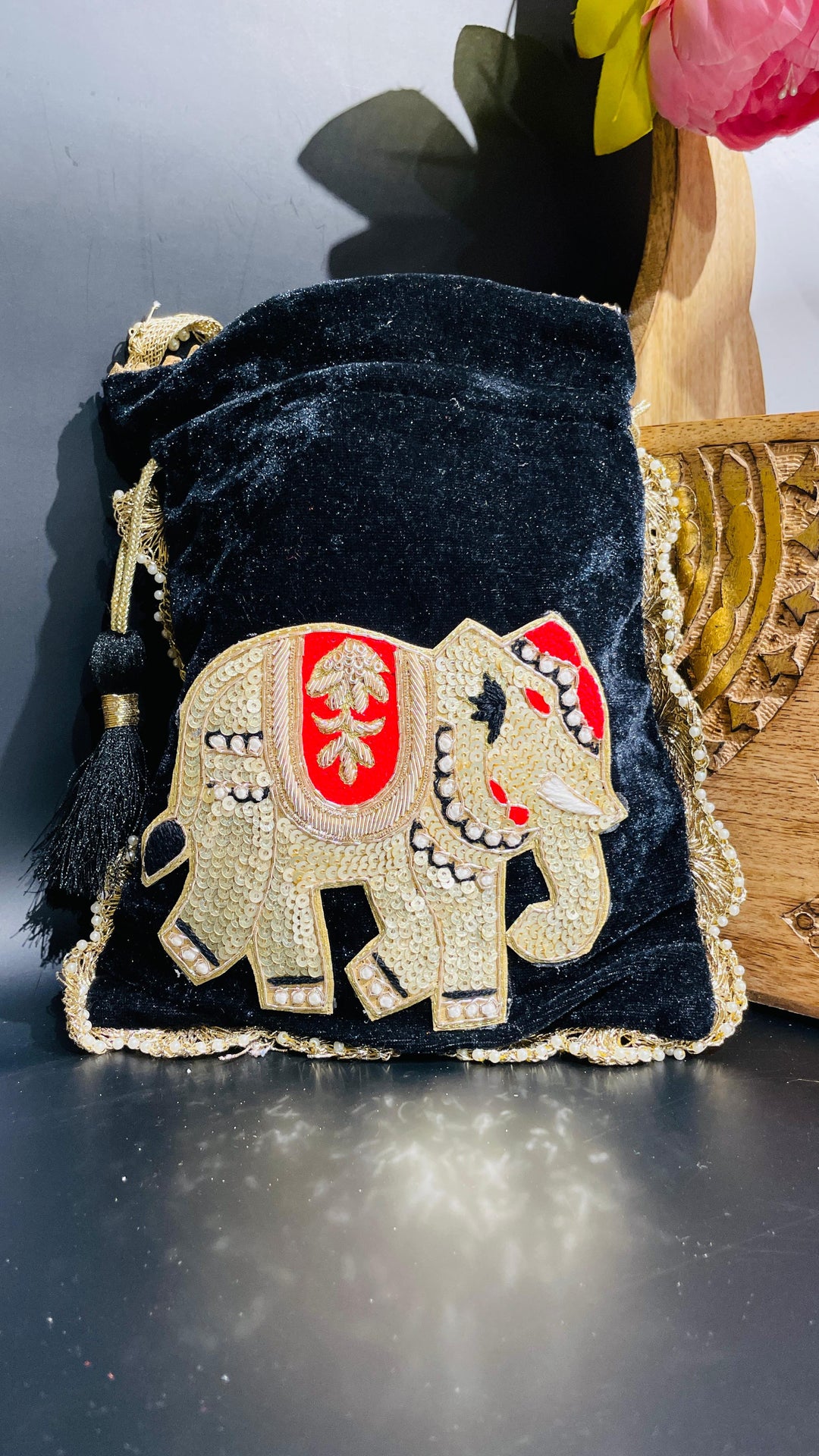 Black Festive Elephant Potli Drawstring Bag