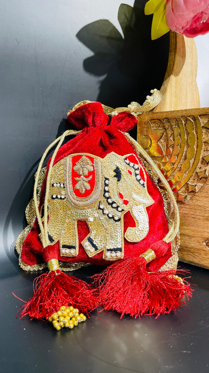 Black Festive Elephant Potli Drawstring Bag