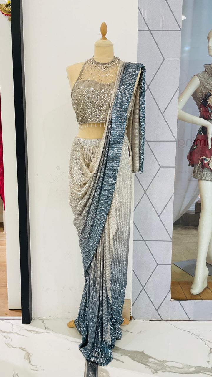 Skya Halter Blouse and Silver and Blue Sequins Ready-to-Wear Saree Set