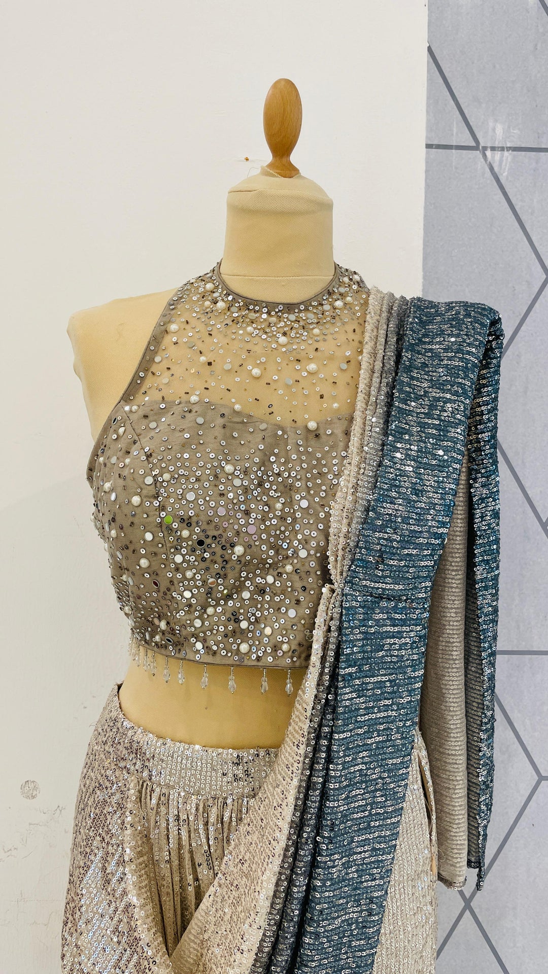 Skya Halter Blouse and Silver and Blue Sequins Ready-to-Wear Saree Set