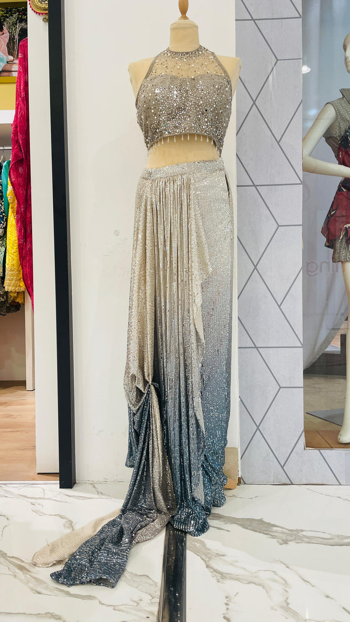 Skya Halter Blouse and Silver and Blue Sequins Ready-to-Wear Saree Set