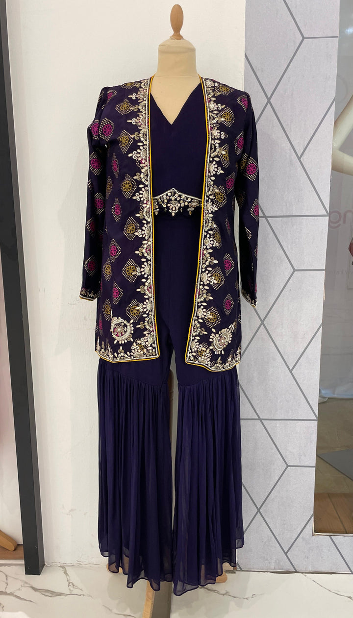 Lavinia Royal Purple Bandani Jacket, Blouse and Gharara Pants Set (Ready to Wear)