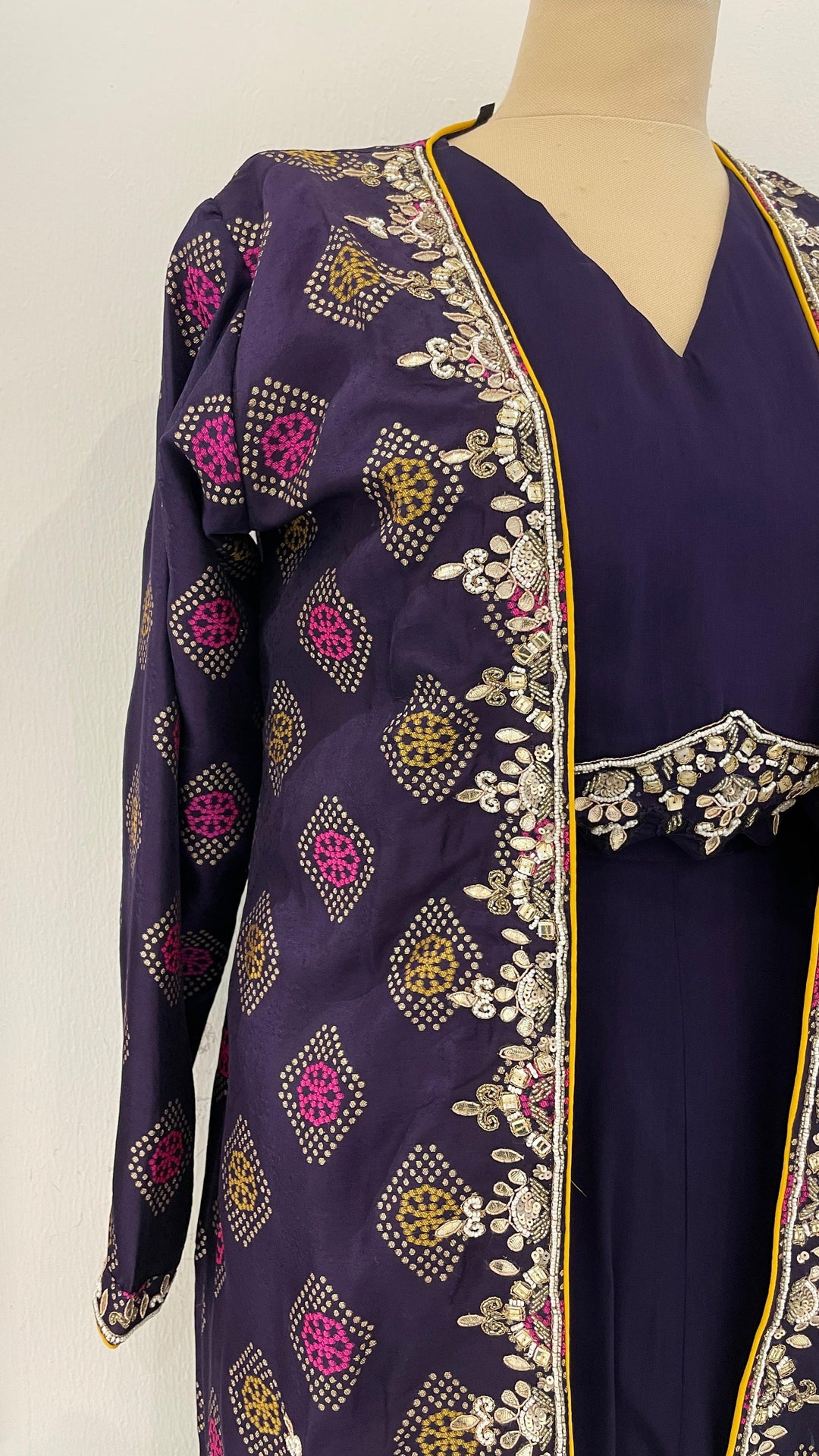 Lavinia Royal Purple Bandani Jacket, Blouse and Gharara Pants Set (Ready to Wear)