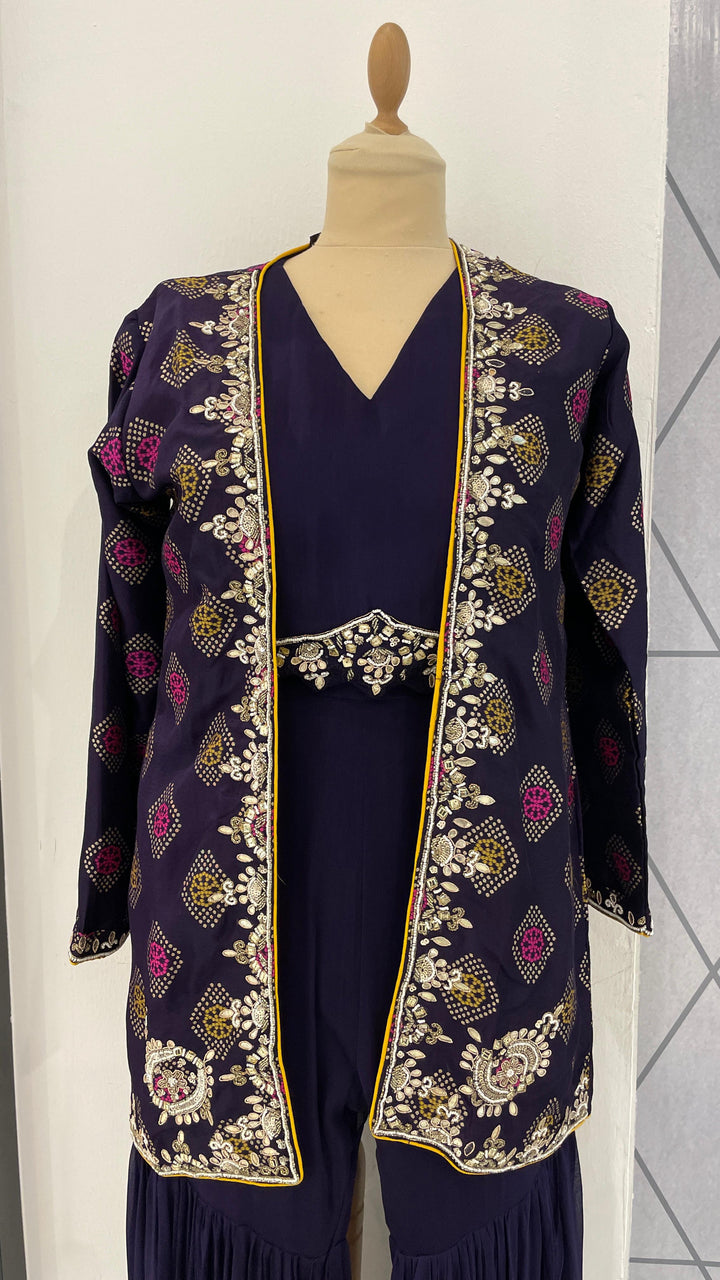 Lavinia Royal Purple Bandani Jacket, Blouse and Gharara Pants Set (Ready to Wear)