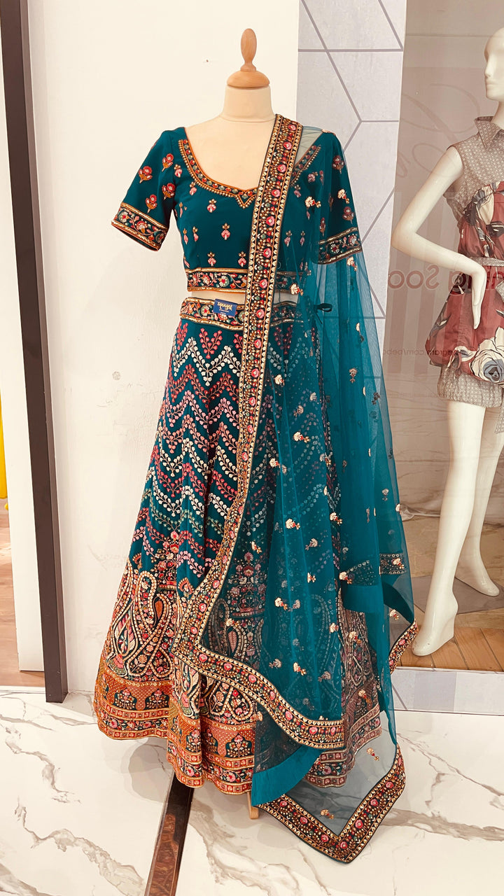 Shagun Blue Geometric Colorful Dotted Chevron Design Lehenga