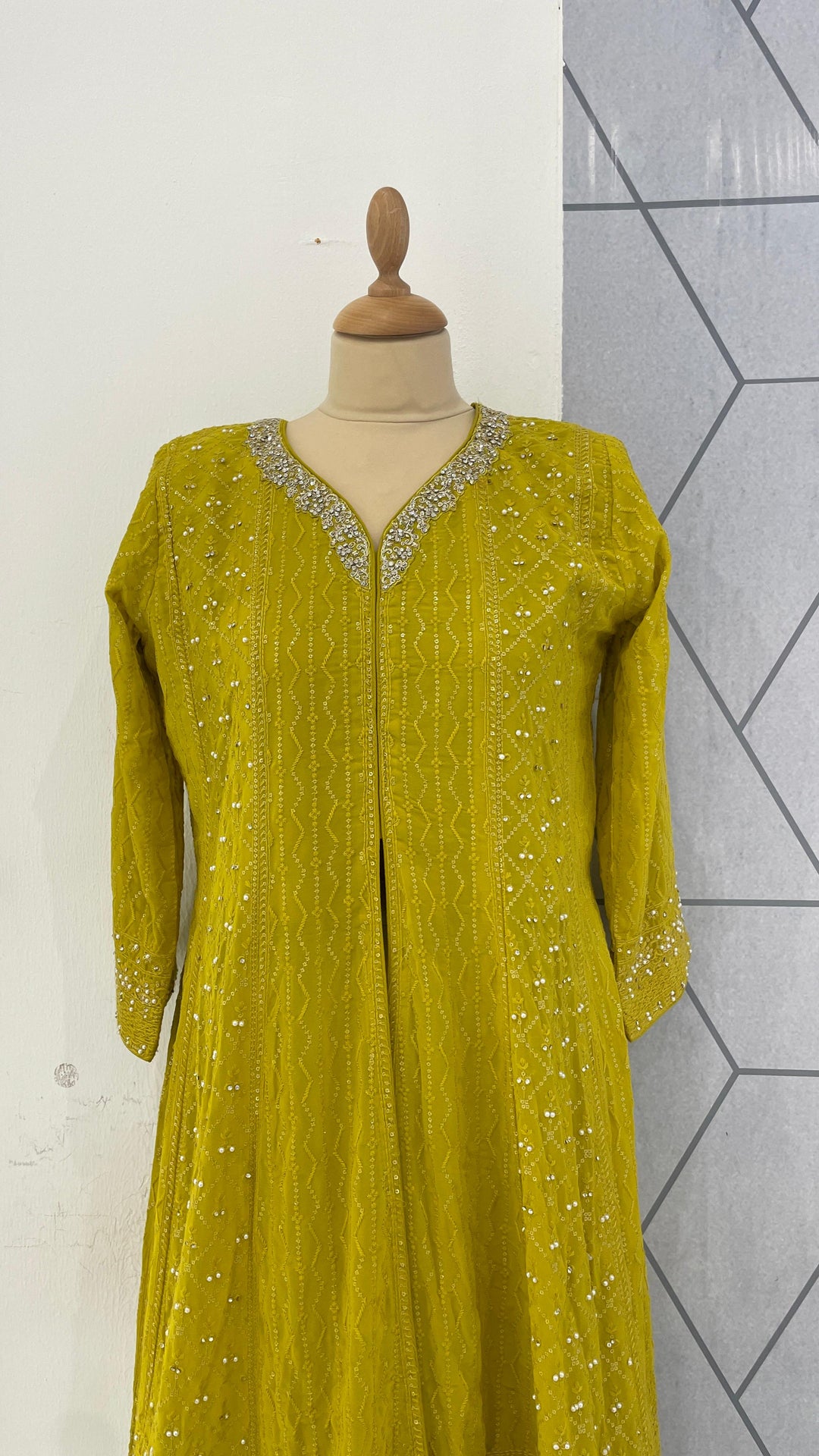 Lime Yellow chickenkari Kurti with Palazzo Sets (Ready to Wear)