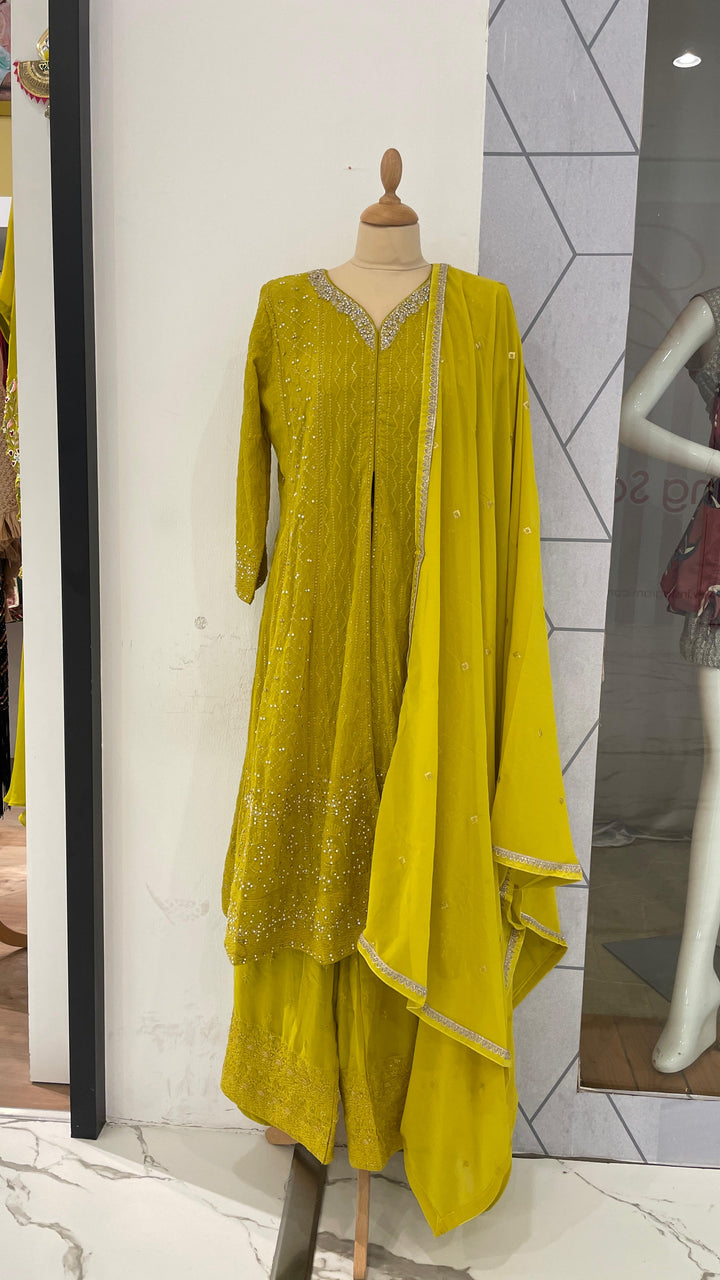 Lime Yellow chickenkari Kurti with Palazzo Sets (Ready to Wear)