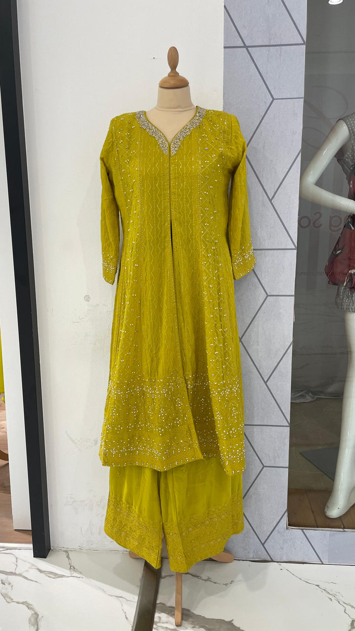 Lime Yellow chickenkari Kurti with Palazzo Sets (Ready to Wear)