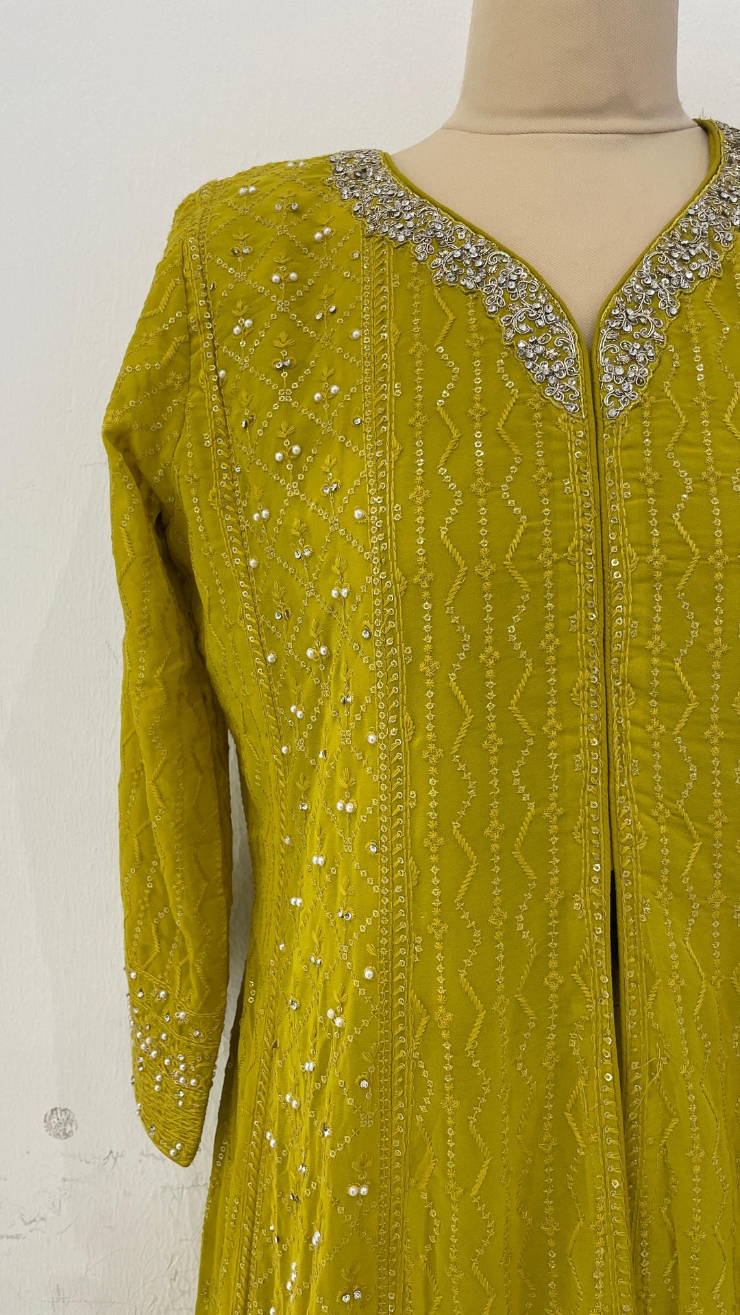 Lime Yellow chickenkari Kurti with Palazzo Sets (Ready to Wear)