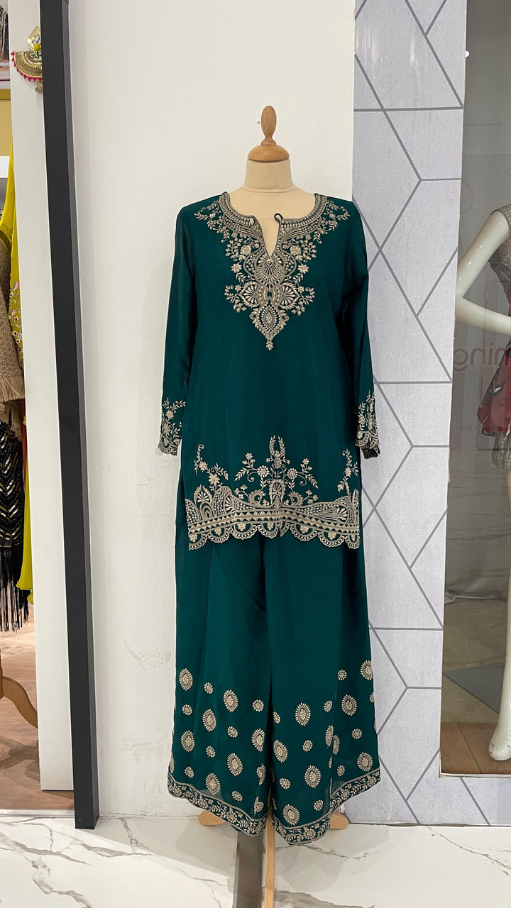 Emerald Green Short Kurti with Palazzo Sets (Ready to Wear)