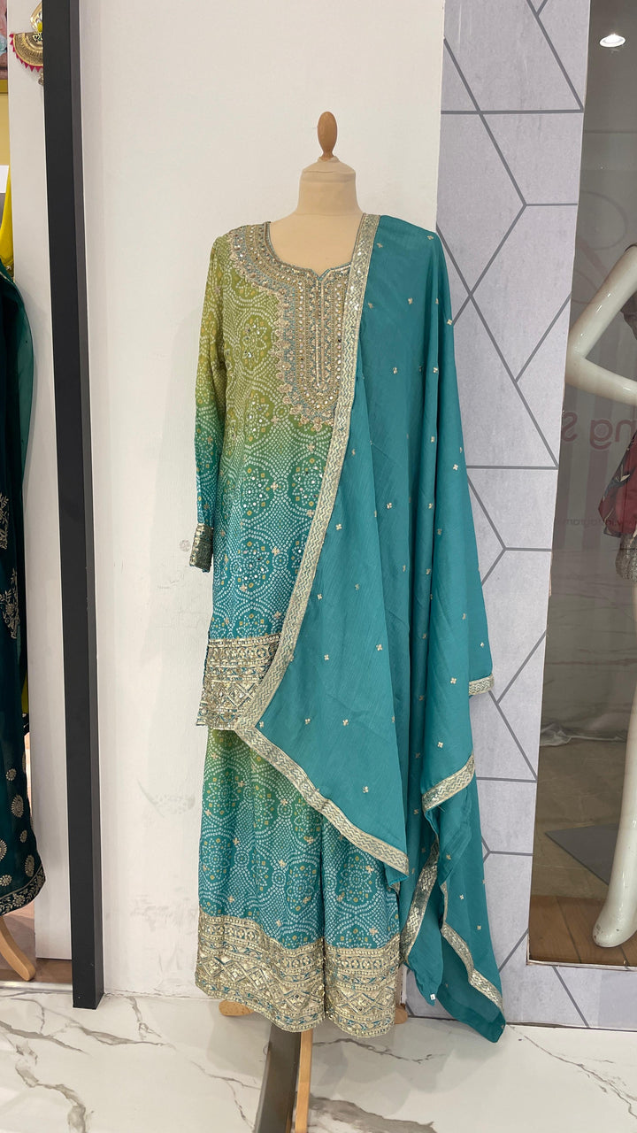 Sage Green & Turquoise Bhandani set (Ready to Wear)