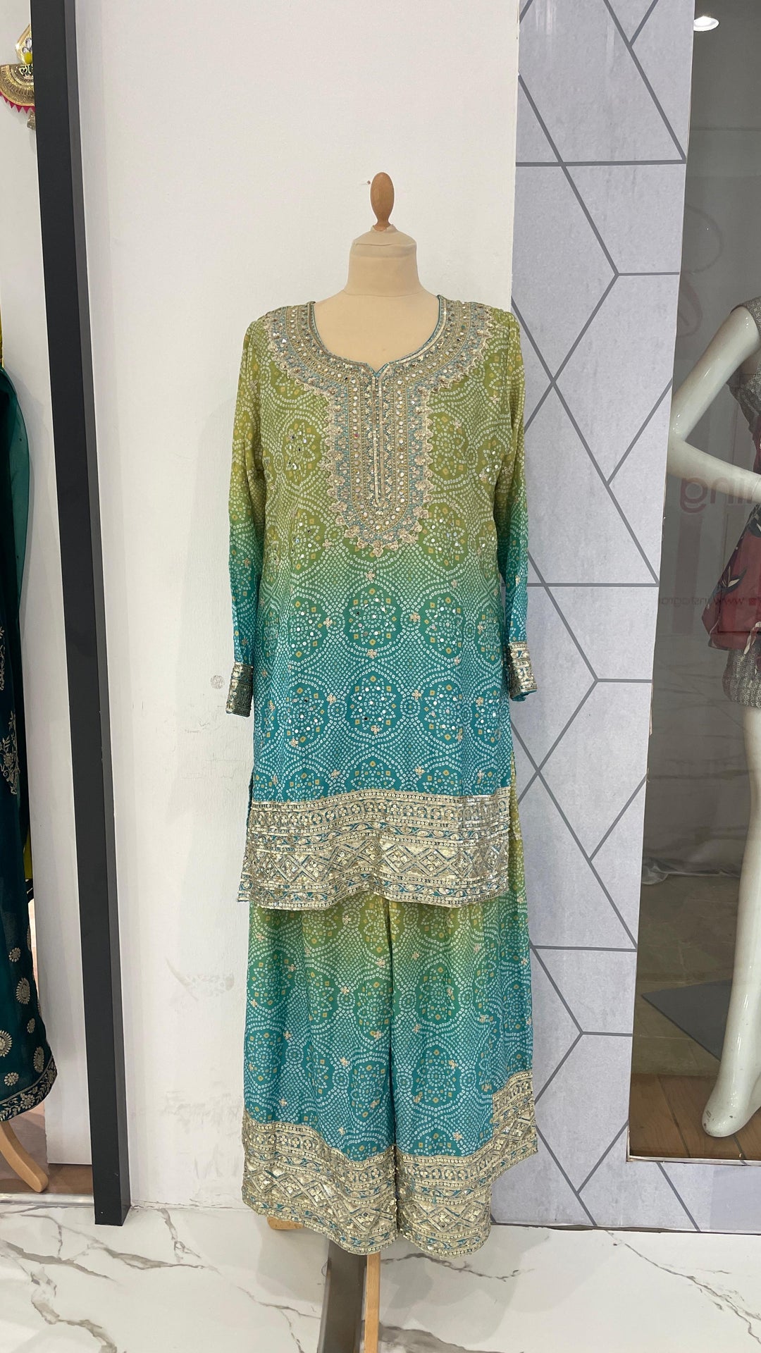 Sage Green & Turquoise Bhandani set (Ready to Wear)