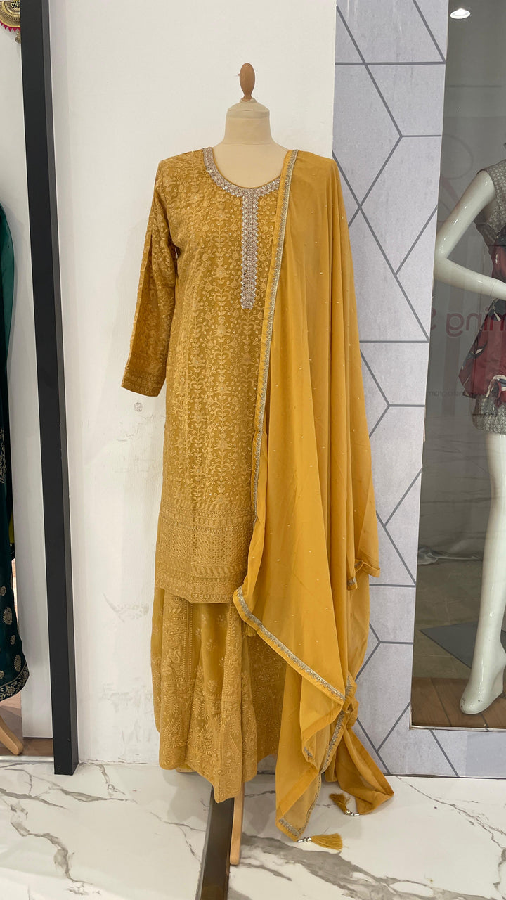 Haldi Yellow chickenkari Kurti with Palazzo Sets (Ready to Wear)