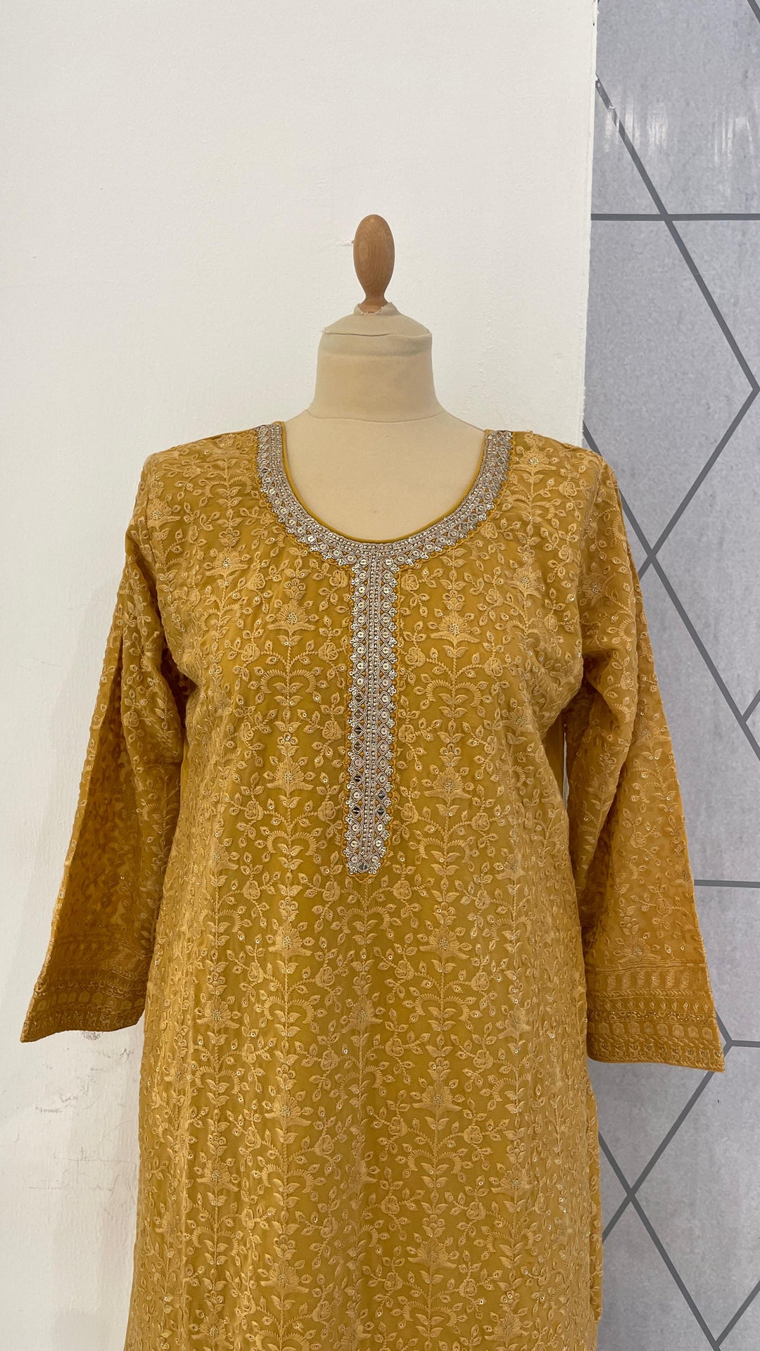 Haldi Yellow chickenkari Kurti with Palazzo Sets (Ready to Wear)