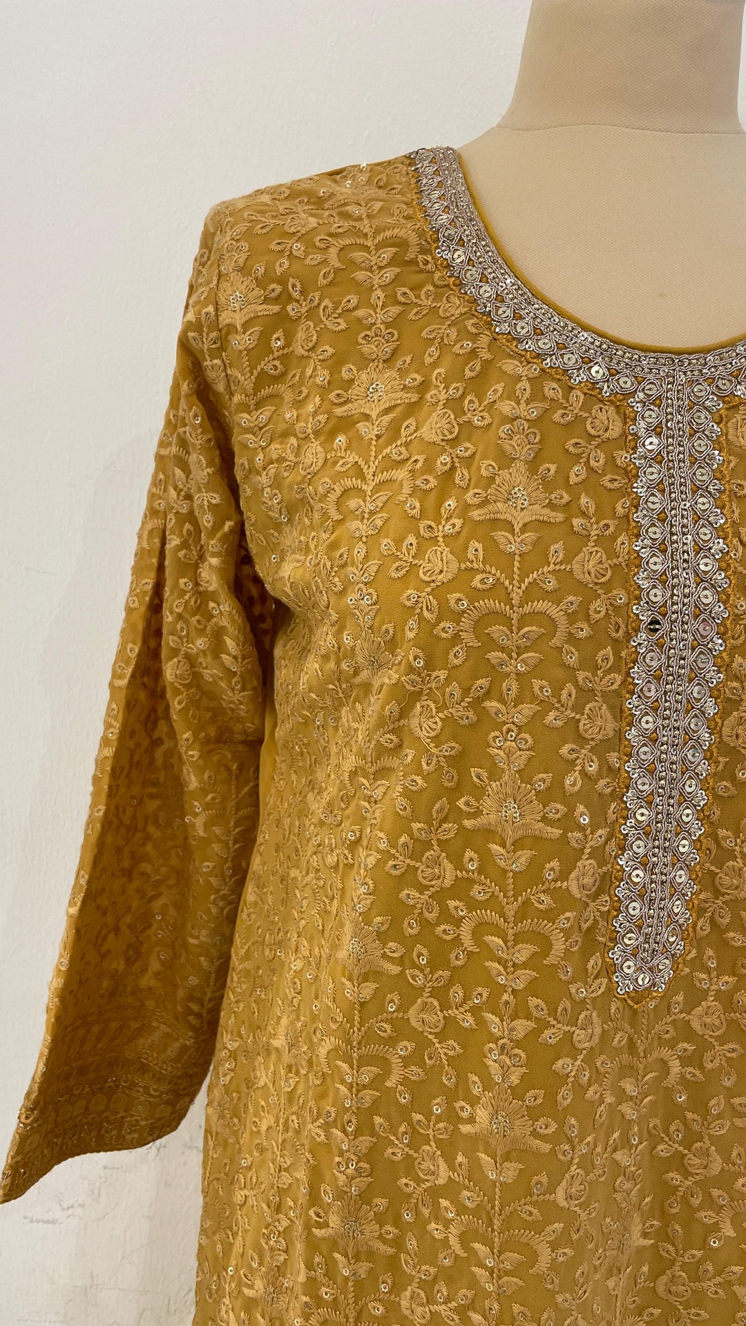 Haldi Yellow chickenkari Kurti with Palazzo Sets (Ready to Wear)