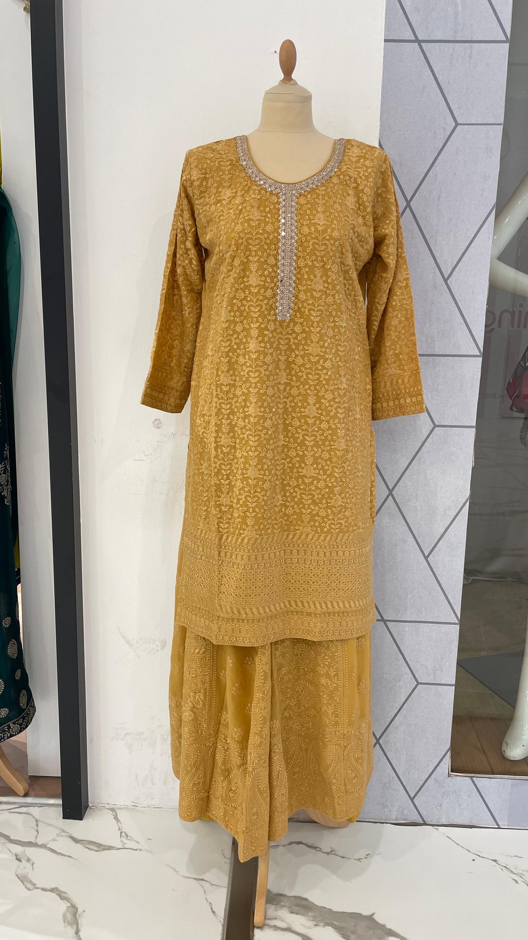 Haldi Yellow chickenkari Kurti with Palazzo Sets (Ready to Wear)