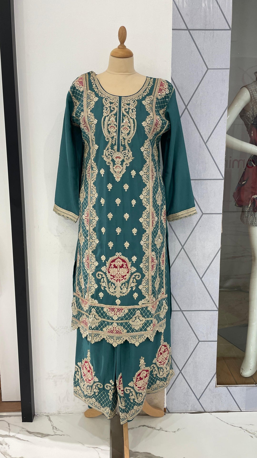 Mint Green Kurta Set with Afghani Pants (Ready to Wear)