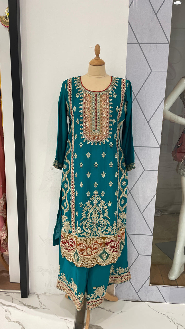 Turquoise Kurta Set with Afghani Pants (Ready to Wear)