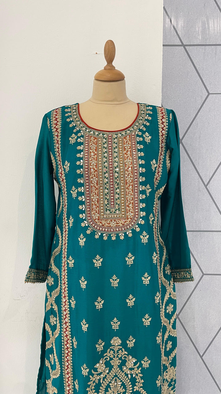 Turquoise Kurta Set with Afghani Pants (Ready to Wear)