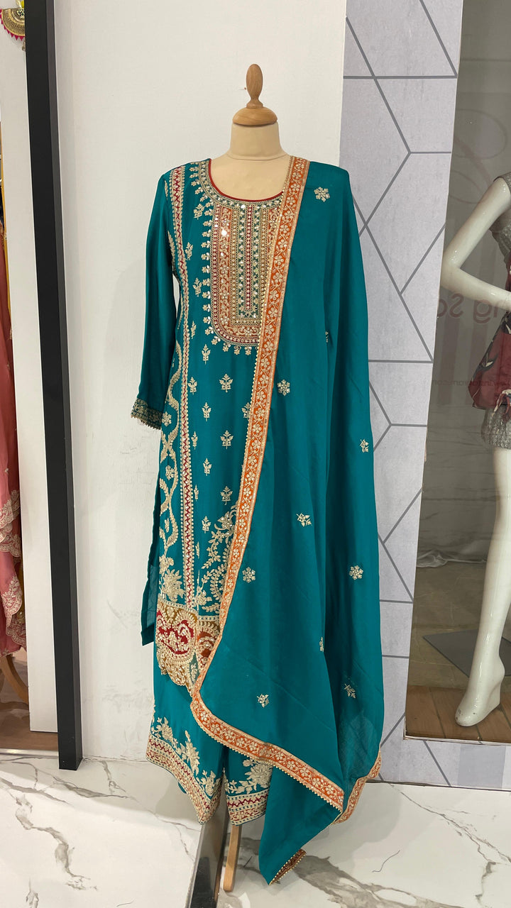 Turquoise Kurta Set with Afghani Pants (Ready to Wear)