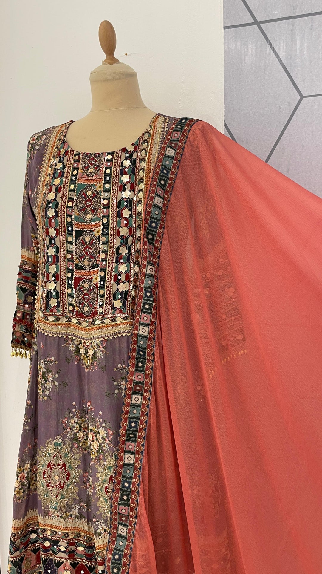 Lavender and Blush Pink short Anarkali and Palazzo Suit (Ready to Wear)Sets