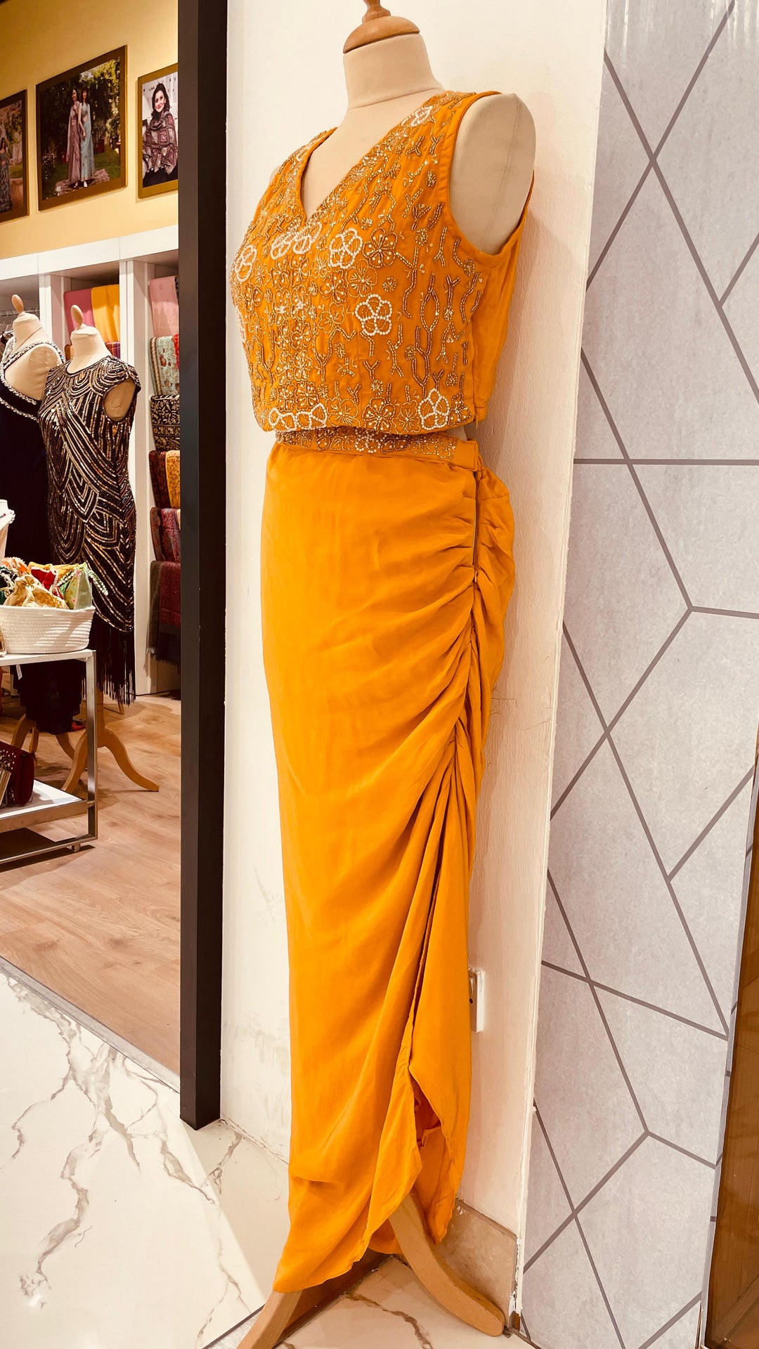 Mustard Yellow and Gold Beads Blouse, Jacket and Skirt Set (Ready to Wear)