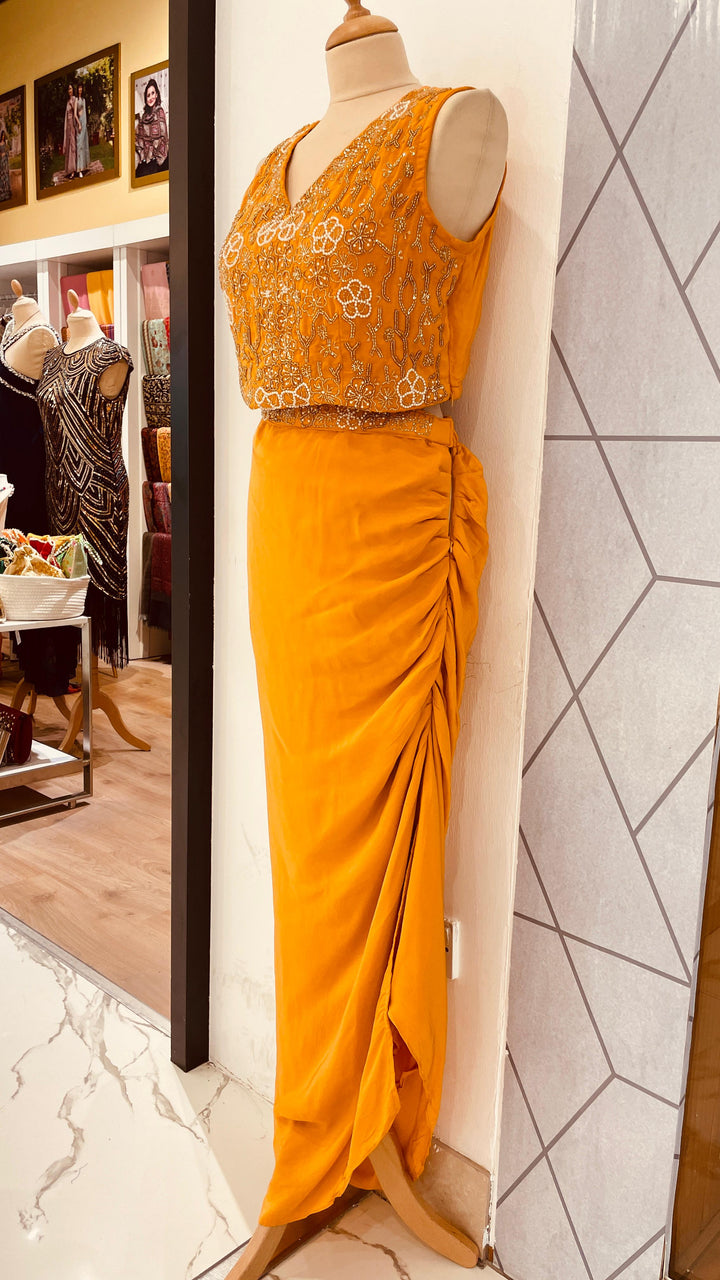 Mustard Yellow and Gold Beads Blouse, Jacket and Skirt Set (Ready to Wear)