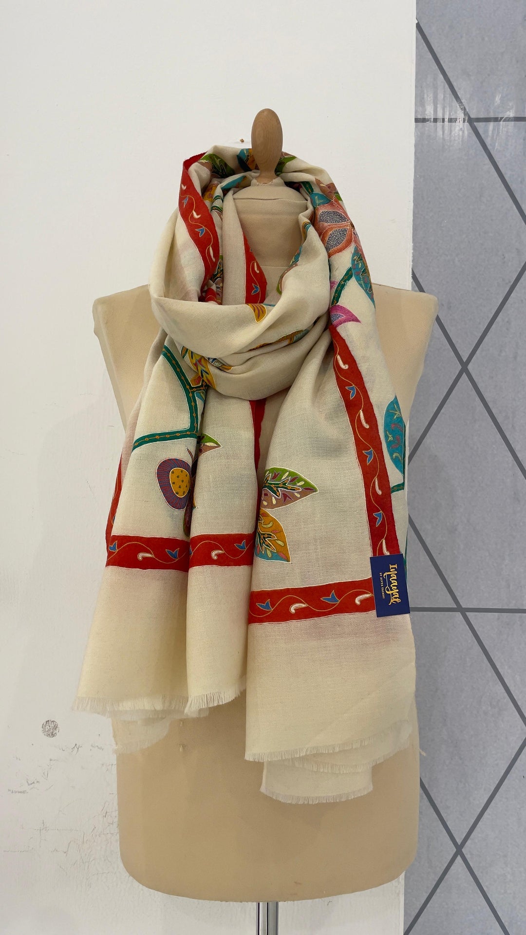 Shipra White Kalamkari Pashmina Scarf