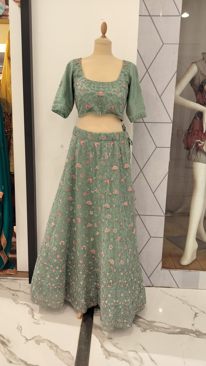 Shagun Aqua Blue, Pink and Silver Floral Net Lehenga ( Ready to Wear)