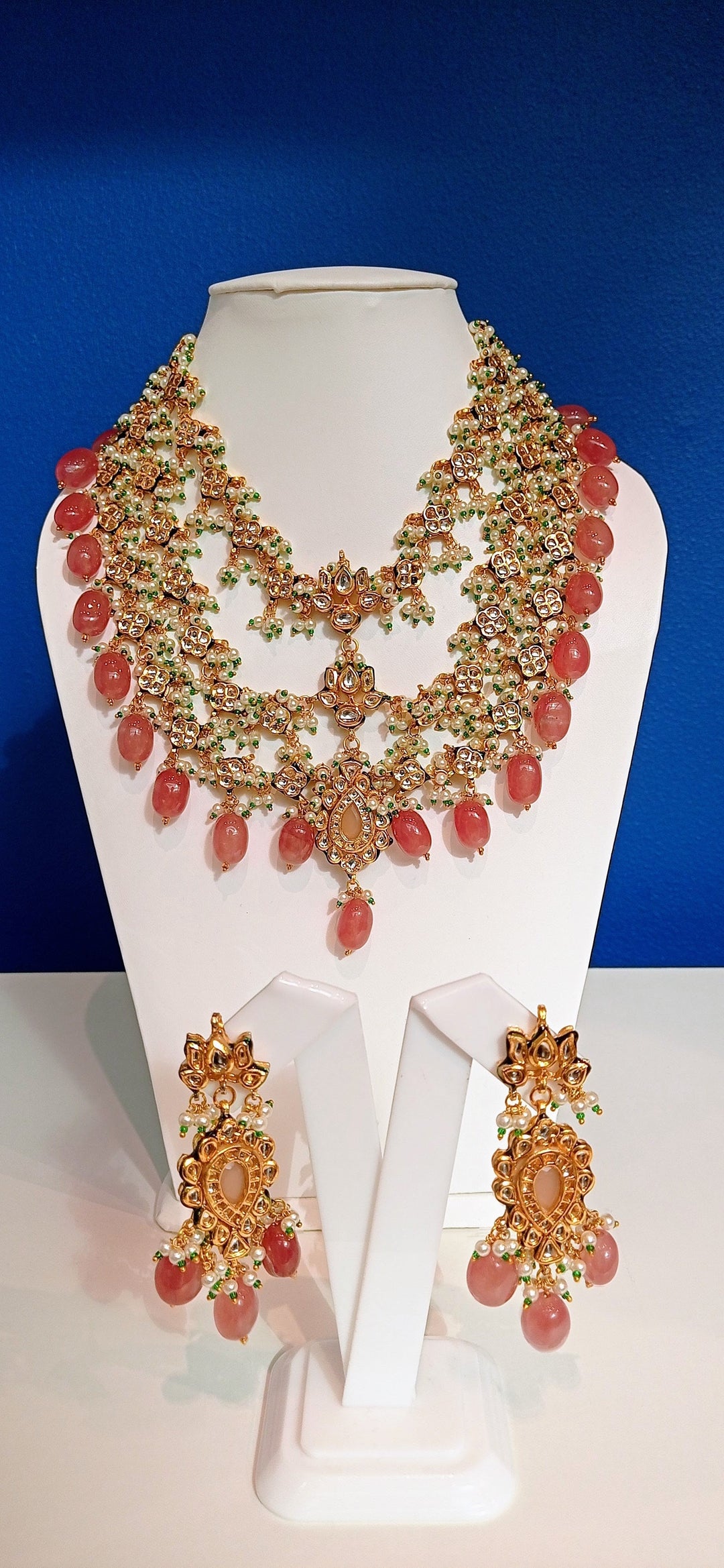 Hera Sage Green and Gold Three-Tiered Kundan Necklace and Earrings Set