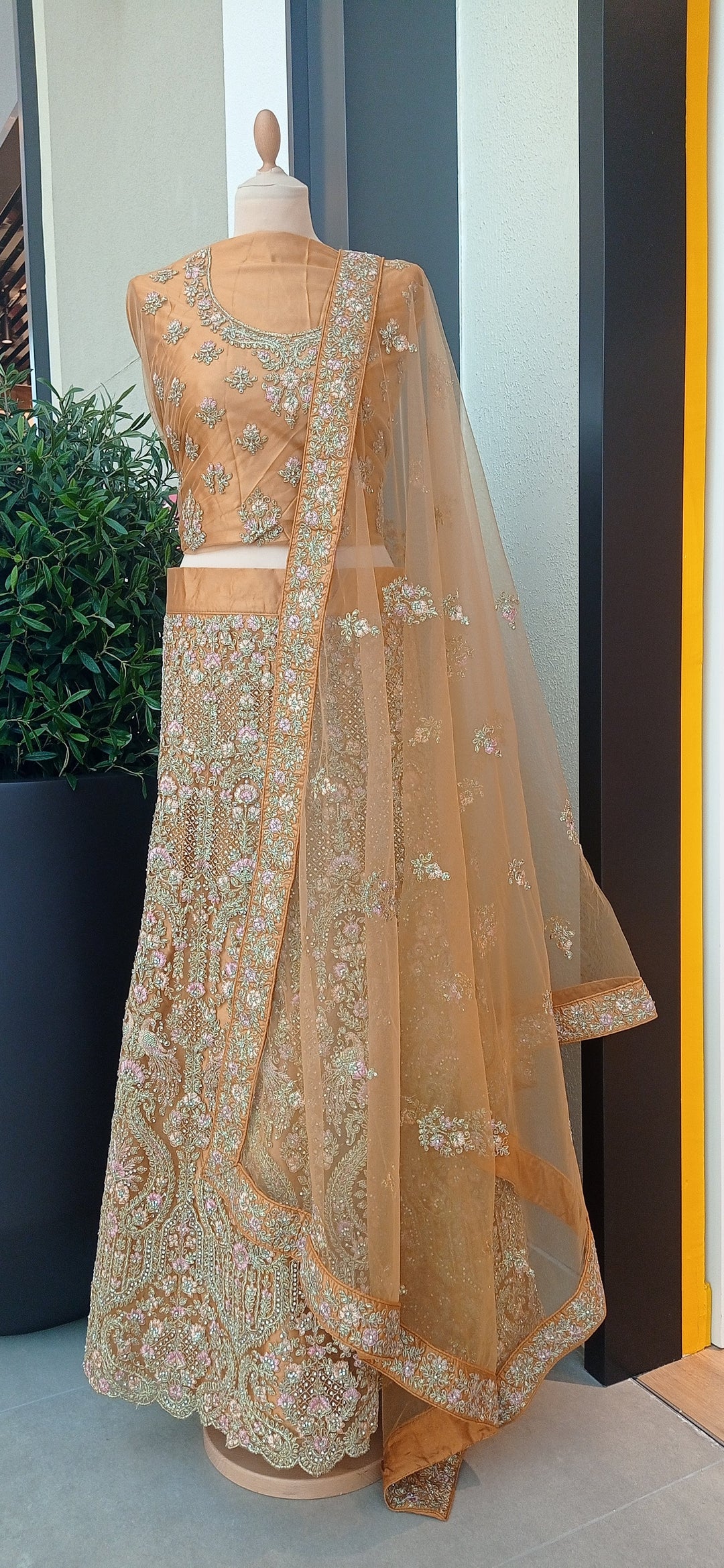 Shagun Metallic Nude Satin Lehenga with Pink and Silver Peacocks (Unstitched)