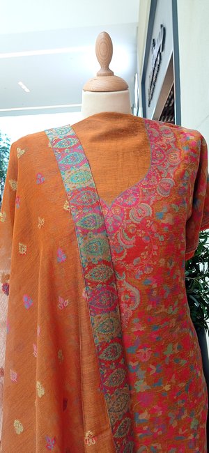 Gitasha Rust Orange and Pink Floral Kashmiri Kaani Cotton Silk Suit Set (Unstitched)